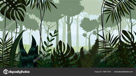 Vector tropical rainforest Jungle landscape background with leaves ...