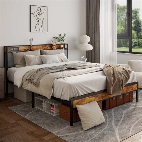 Lofka Full Size Bed Frame with Storage Headboard - Light Gray, Wooden Bedroom Furniture ...