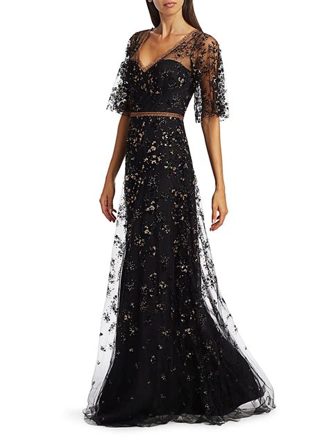 Shop Marchesa Notte Illusion Elbow Sleeve Embroidery Gown Saks Fifth Avenue