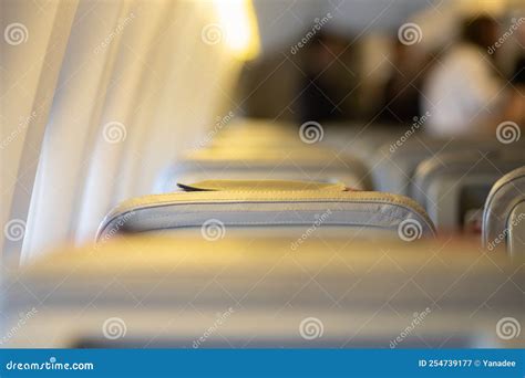 Aircraft Cabin Interior Empty Passenger Seats Inside Close Up Stock