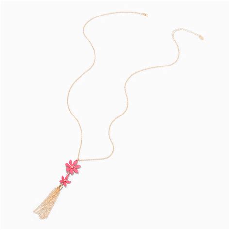 Pink Daisy Gold Tassel Long Pendant Necklace Claire S