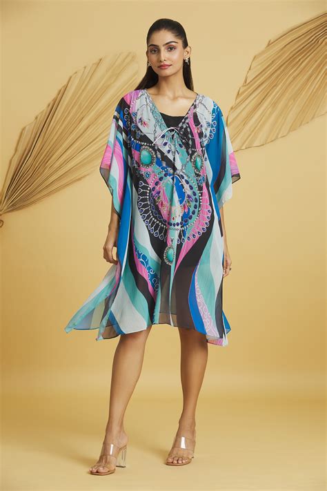 Buy Naintara Bajaj Multi Color Georgette Ornamental Print Kaftan Online