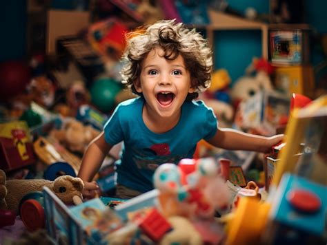 Premium AI Image | Happy kid is playing with toys from carton boxes in ...