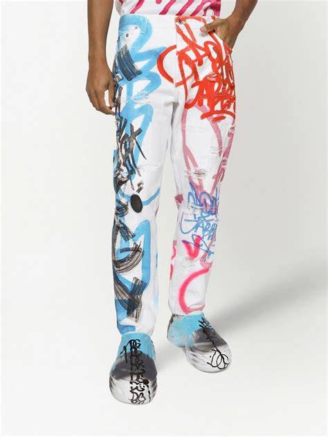 Dolce And Gabbana Graffiti Print Straight Leg Jeans Blue Farfetch