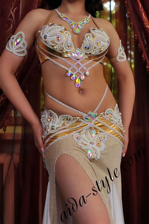 White Gold Belly Dance Costume With Mermaid Skirt Aida Style