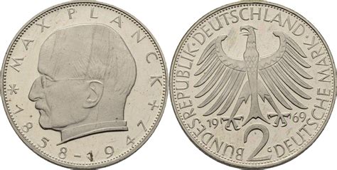 Deutschland 2 Mark 1969 G Max Planck Offen Kontaktmarken Polierte