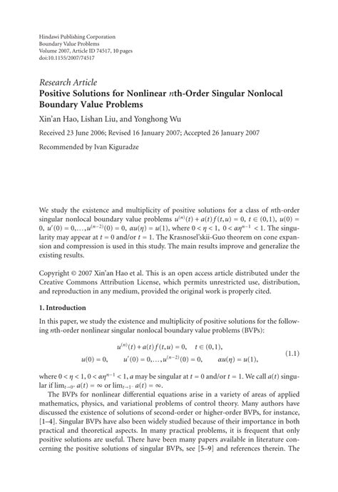 Pdf Positive Solutions For Nonlinear Nth Order Singular Nonlocal