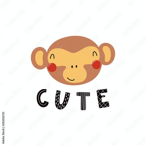 Hand drawn vector illustration of a cute funny monkey face, with ...