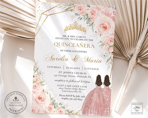 Soft Blush Pink Floral Roses Quincea Era Invitation Instant Etsy