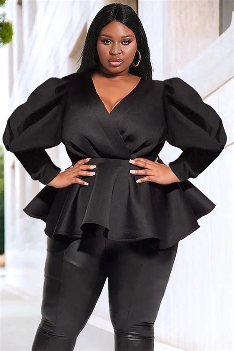 Xpluswear Design Plus Size Semi Formal Blouse Black Puff Sleeve Wrap