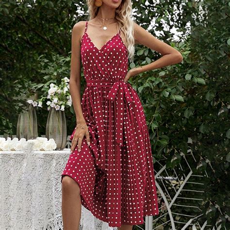 Sexy Damen Ärmelloses Polka Dot Kleid Strappy Traeger Sommerkleid Knielangen Ebay