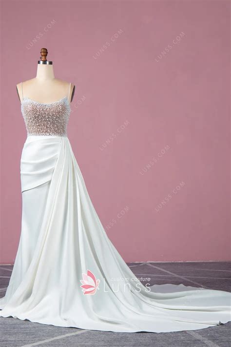 Luxury Pearls Beaded Asymmetrical Long Train Prom Dress Lunss