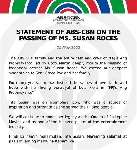 Cnn Philippines On Twitter Read Abs Cbn Statement On The Passing Of