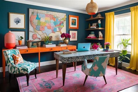 Premium Photo Vibrant And Eclectic Home Office With A Mix Of Patterns