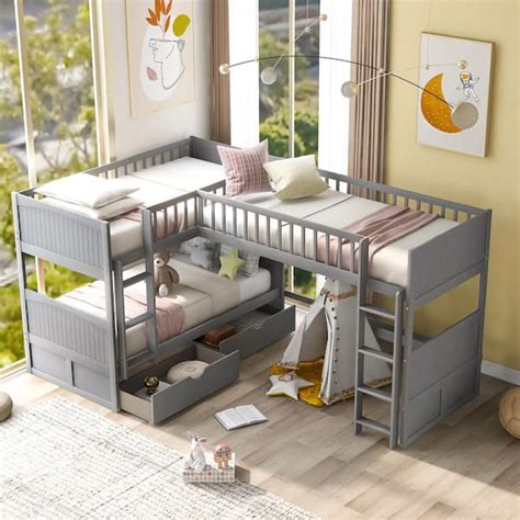 Qualler Gray Twin Size Bunk Bed With 2 Drawers And A Loft Bed Attached