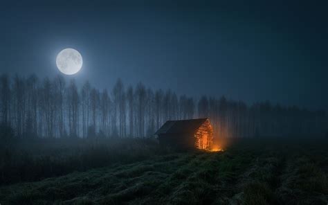 night, mist, field, abandoned, shack, trees, Moon, landscape, campfire ...