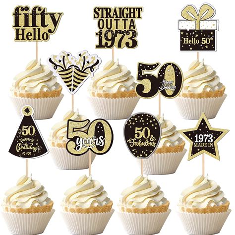 36pcs Happy 50th Birthday Cupcake Toppers Double Sided Black Gold Fifty