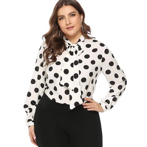 Wipalo Women Plus Size Polka Dot Bow Tie Collar Blouse Spring Summer OL