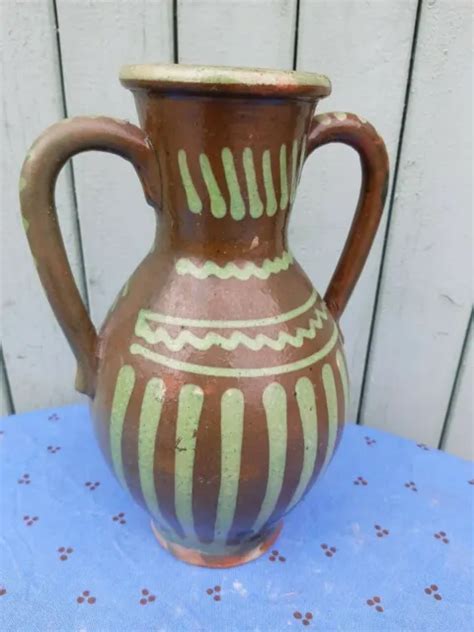 Ancienne Poterie Vase Anses Terre Cuite Verniss E Motifs Eur