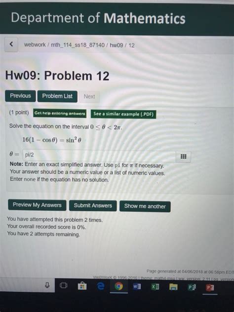 Solved Department Of Mathematics Webwork Mth Ss Chegg