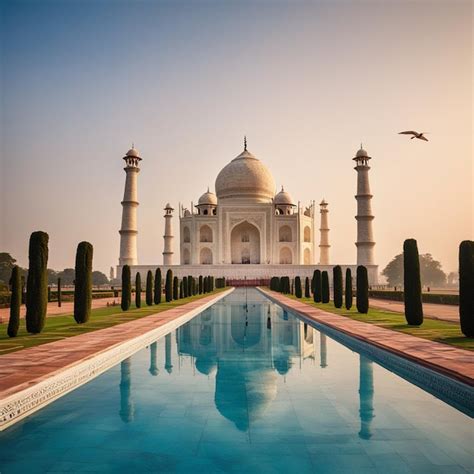 Una Vista Frontal Y Lateral Del Taj Mahal Hd Foto Premium