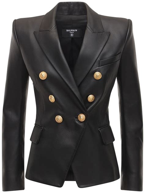 Balmain Double Breasted Leather Jacket In Black Modesens