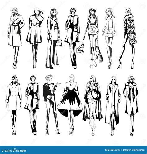 Set Of Young Beautiful Women In Stylish Clothes Sale Concept Hand Drawn Fashion Illustration