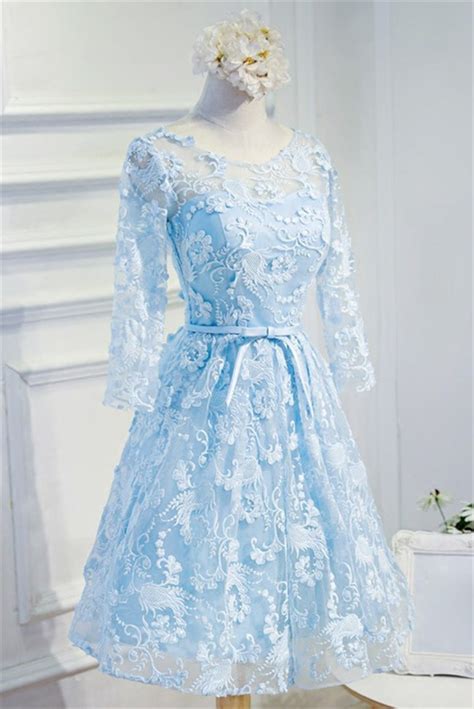 A Line Scoop Neck Open Back Light Blue Lace Prom Bridesmaid Dress With