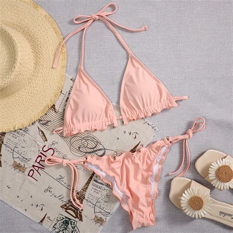 Maillot de bain rose à volants froncé Bikini pour femme Type B Green Blanc Cdiscount