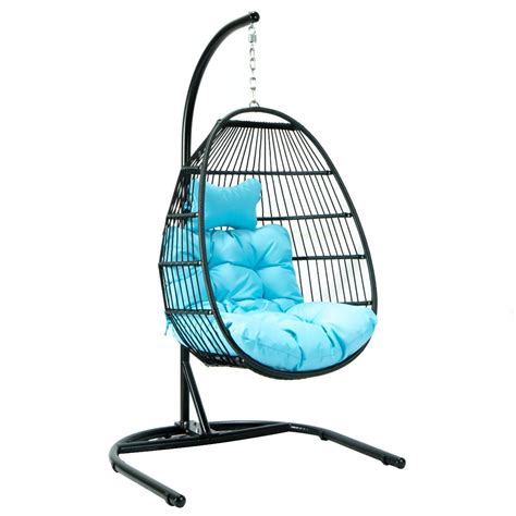 LeisureMod Black Wicker Folding Hanging Egg Swing Chair With Stand in ...