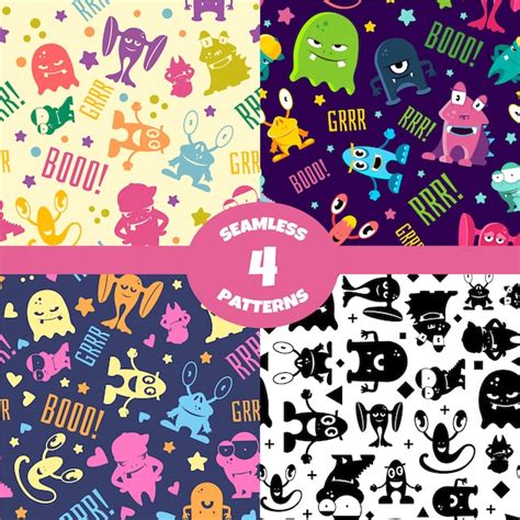 Premium Vector Seamless Patterns Set With Cute Cartoon Monsters