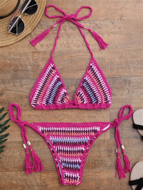 36 OFF String Halter Crochet Tassel Bikini Set Rosegal