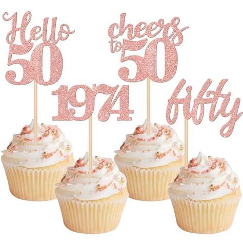 24 Pcs 50th Birthday Cupcake Toppers Glitter Hello 50 Cupcake Topper