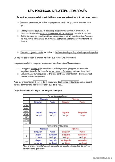 Cours Les pronoms relatifs composés Français FLE fiches pedagogiques