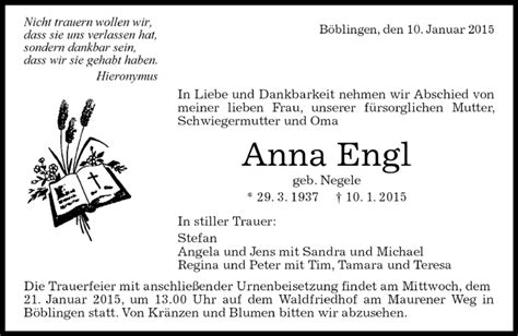 Traueranzeigen von Anna Engl Kreiszeitung Böblinger Bote