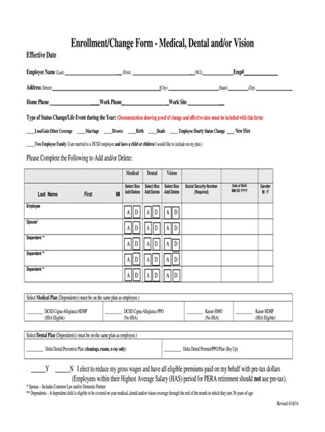 Fillable Online Dcsdk12 EnrollmentChange Form Medical Dental Andor