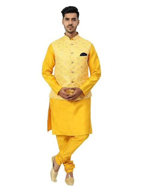 Buy Ethluxis Mens Yellow Silk Blend Kurta Chudidar With Nehru Jacket