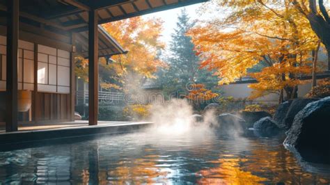 Steam Rising From A Hot Spring Surrounded By Autumn Trees Stock