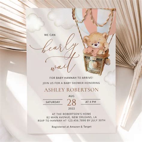 Teddy Bear Pink Hot Air Balloon Baby Shower Invitation Zazzle