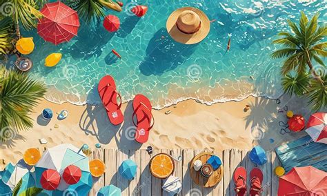 Beach Scene With Umbrellas Sunbaters And Palm Trees Stock Illustration