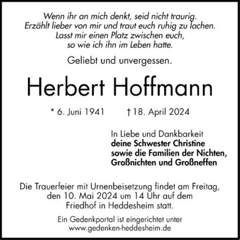 Traueranzeigen Von Herbert Hoffmann Trauerportal Ihrer Tageszeitung