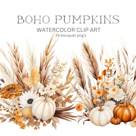 BOHO Pumpkin Floral Clipart Halloween Watercolor Clipart Pastel