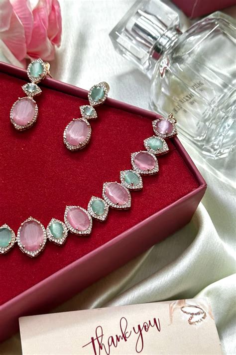 Mint Pink Rose Gem Necklace Set Nikhar Jewellery