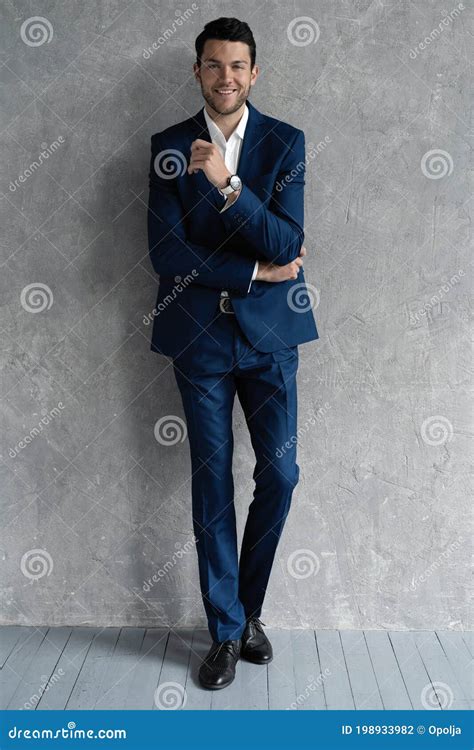 Full Length Of Handsome Man Wear Blue Suit Isolated On Grey Background