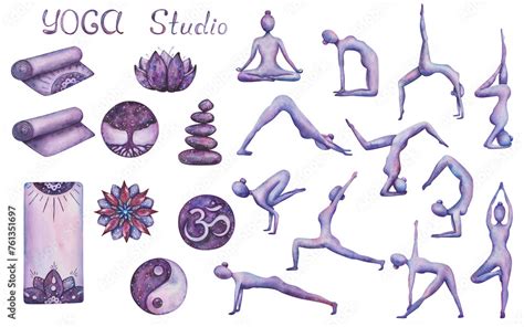 Watercolor Set Of Illustrations Hand Painted Yoga Girls In Asanas