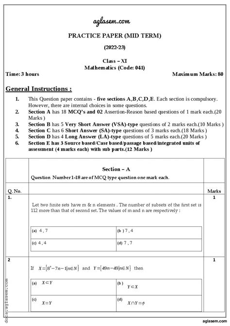 Class 11 Math Mid Term Sample Paper 2024 Download Pt1 Term 1 Practice Paper Aglasem