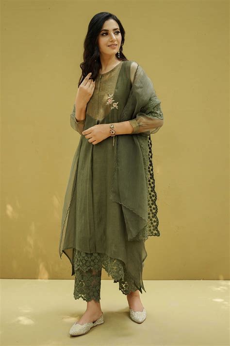 Buy Green Cotton Schiffli Round Flower Lace Work Kurta Set For Women By