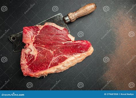 Raw Porterhouse Steak Of Premium Beef With A Meat Cleaver On Black