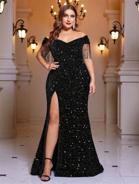 Shein Belle Plus Size Women S Dazzling High Side Split Party Gown