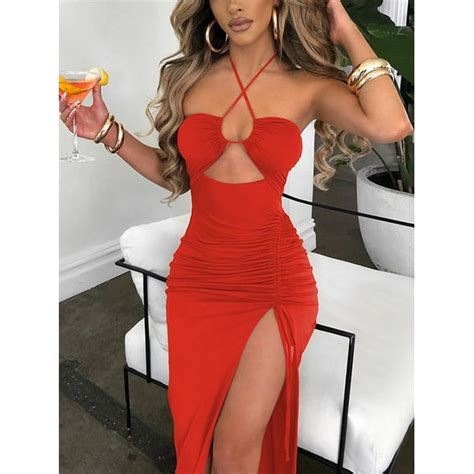 Cryptographic Hot Summer Sexy Halter Backless Sleeveless Cut Out Maxi Dress For Women Elegant